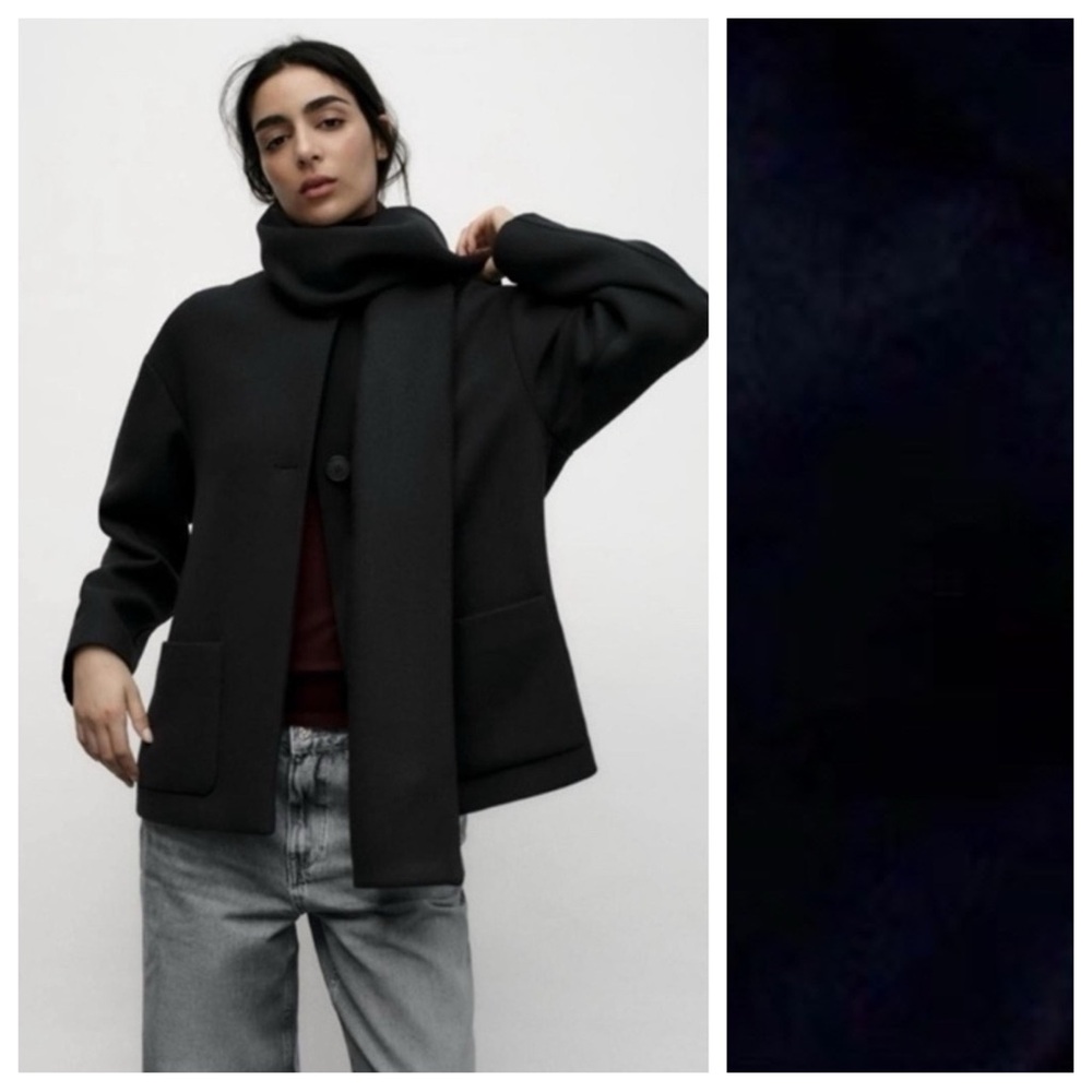 NWT. Zara ZW Collection Black Wool Blend Short Coat with Scarf. Size XS. - Picture 3 of 10